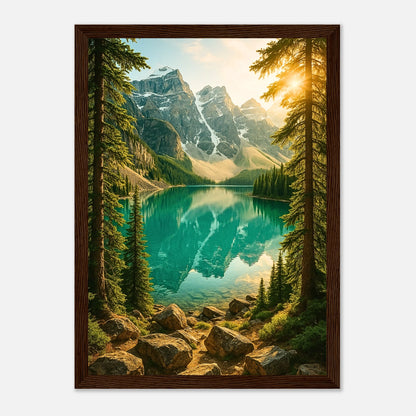 Mountain Reflections Poster mit dunkelbraunem Holzrahmen – Bergsee Landschaft in luxuriöser Rahmung