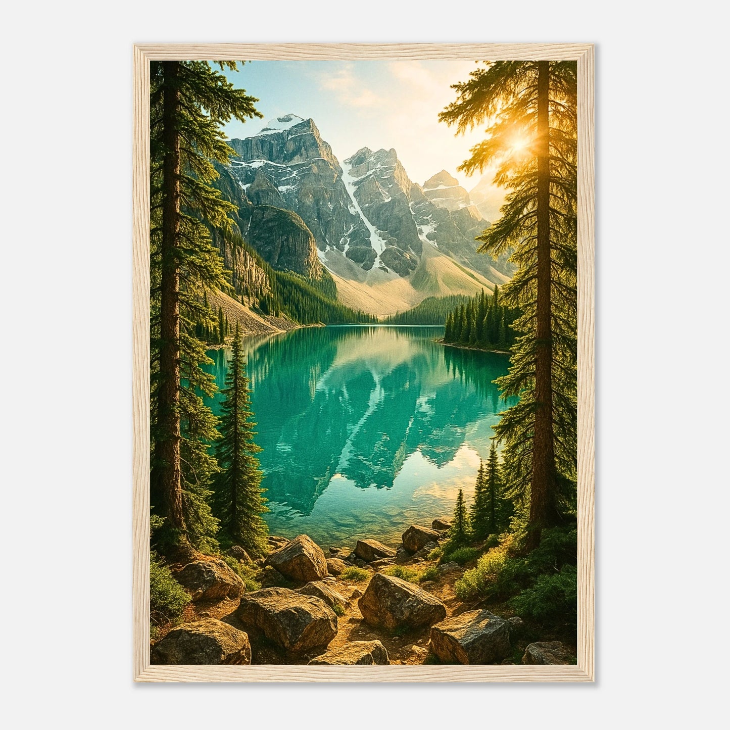 Mountain Reflections Poster mit hellbraunem Holzrahmen – edle Bergsee Landschaft als Wandbild