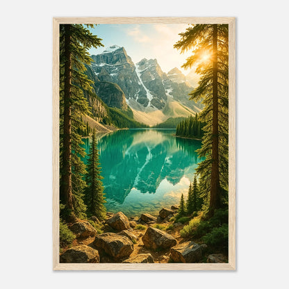 Mountain Reflections Poster mit hellbraunem Holzrahmen – edle Bergsee Landschaft als Wandbild
