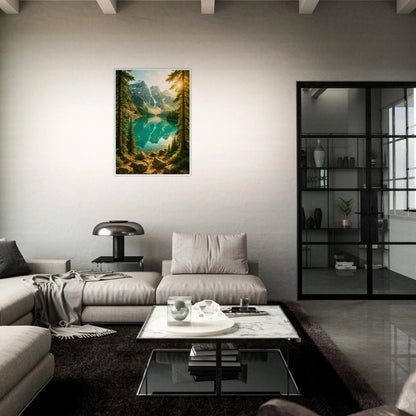 Mountain Reflections Poster – Bergsee Landschaft über Sofa im modernen Wohnzimmer