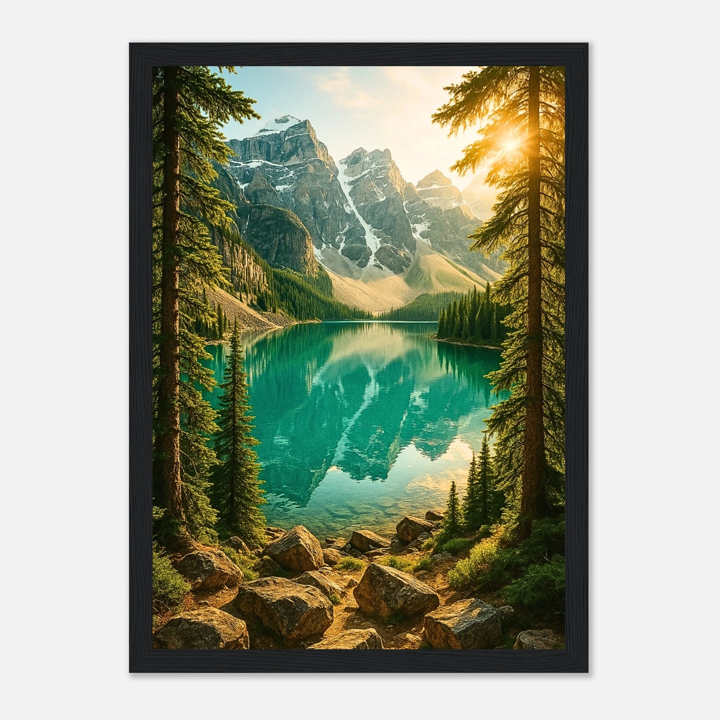 Mountain Reflections Poster mit schwarzem Holzrahmen – modernes Bergsee Landschaftsbild für stilvolle Räume