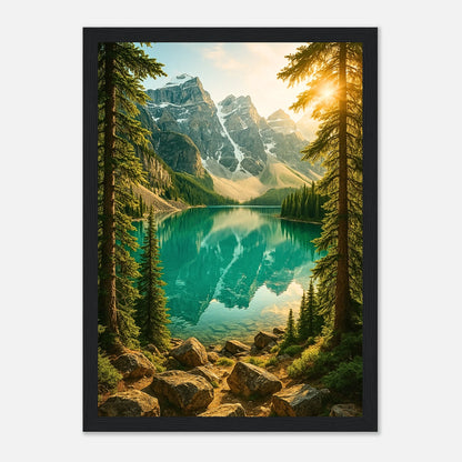 Mountain Reflections Poster mit schwarzem Holzrahmen – modernes Bergsee Landschaftsbild für stilvolle Räume