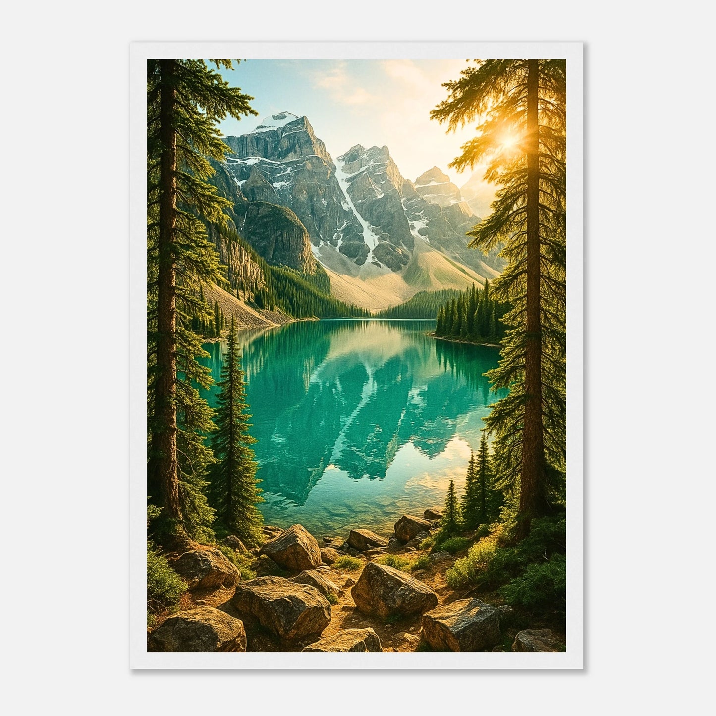 Mountain Reflections Poster mit weißem Holzrahmen – Bergsee Landschaft Wandkunst in Premium Qualität