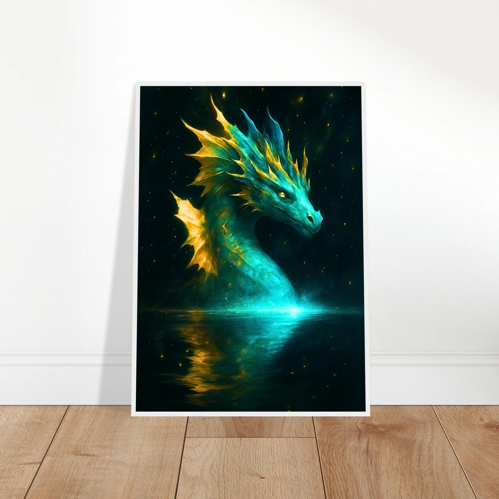 Mystic Water Dragon Poster an die Wand gelehnt – leuchtendes Drachenmotiv mit Wasserreflexion, modernes Fantasy Kunstwerk für stilvolle Räume.