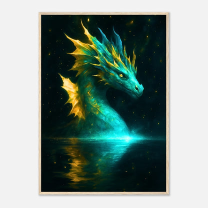 Mystic Water Dragon Poster im hellbraunen Holzrahmen – mystischer blauer Drache mit goldenem Feuer über ruhigem Wasser, Fantasy Wanddekoration in Premiumqualität.
