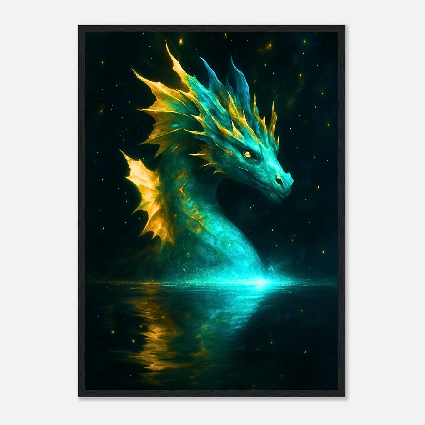 Mystic Water Dragon Poster im schwarzen Rahmen – leuchtender blauer Wasserdrache über spiegelndem See, mystische Fantasy Wandkunst von Defa Designs.