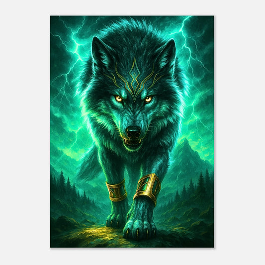 Mystic wolf poster art print with glowing green lightning background, fantasy animal wall decor