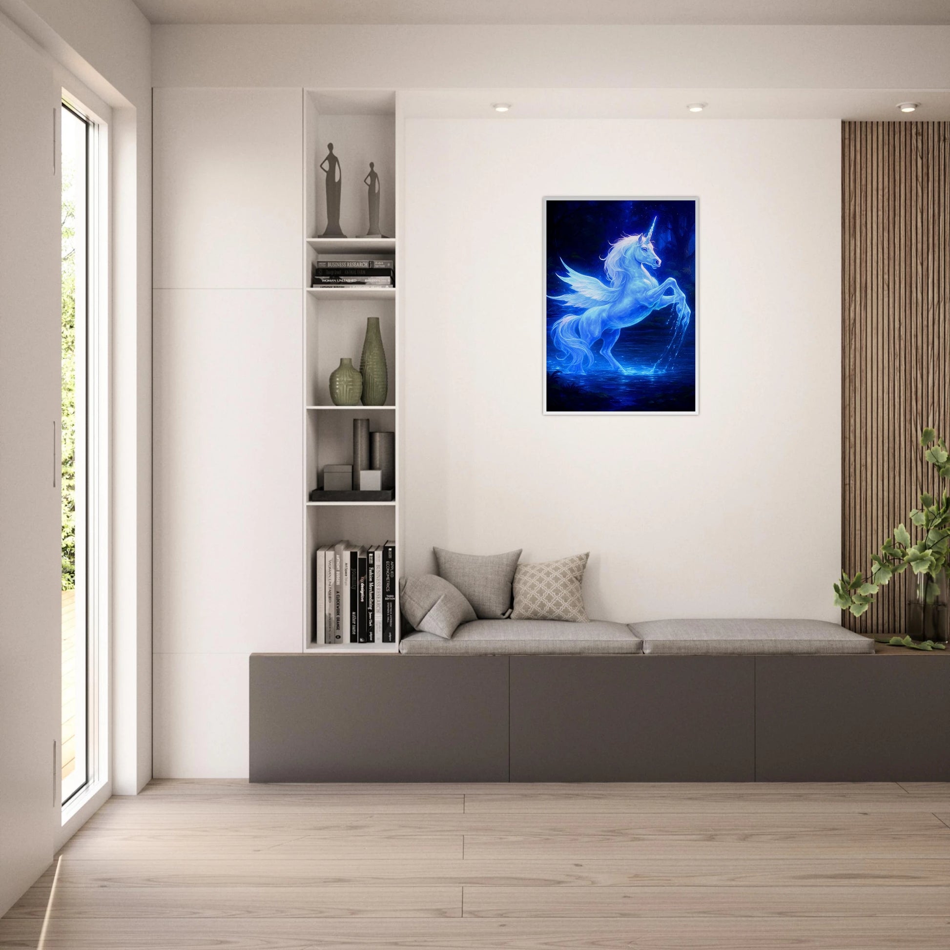 Mystical Blue Unicorn Poster im hellen Wohnzimmer – strahlend blaues Einhorn als stilvolle Wandkunst, bringt Magie und Ruhe in den Raum.