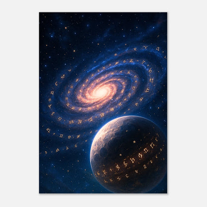 Mystical Galaxy Poster – Spiralgalaxie mit Runen und Planet, hochwertiger Kunstdruck für Weltraum-Fans