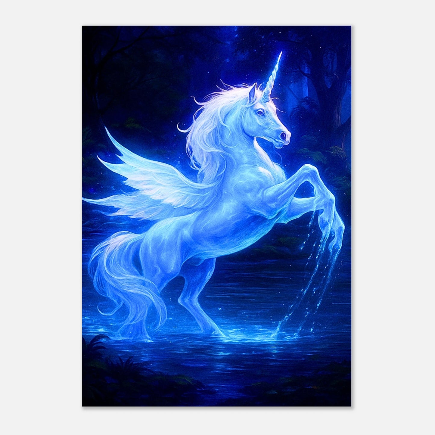 Mystical Unicorn Poster – strahlendes blaues Fantasy Wandbild mit Einhorn Illustration