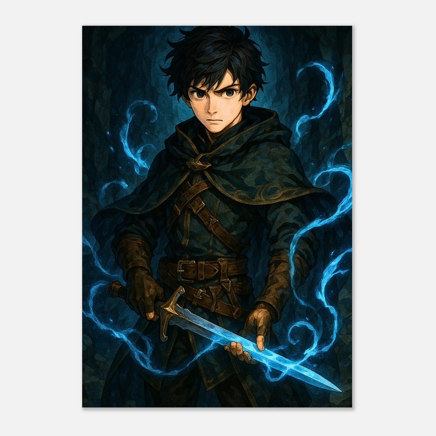 Mystical Warrior Poster – Fantasy-Kunst mit Schwertkämpfer und blauer Magie als Wanddeko