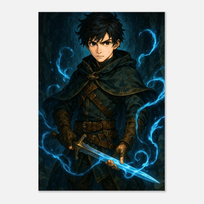 Mystical Warrior Poster – Fantasy-Kunst mit Schwertkämpfer und blauer Magie als Wanddeko