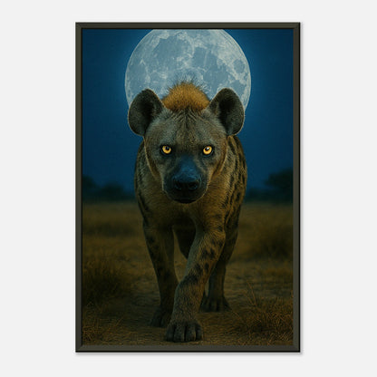 Mystische Tierkunst Wild Nights – Hyäne unter dem Vollmond im schwarzen Metallrahmen, kunstvolles Naturposter | DEFA Designs