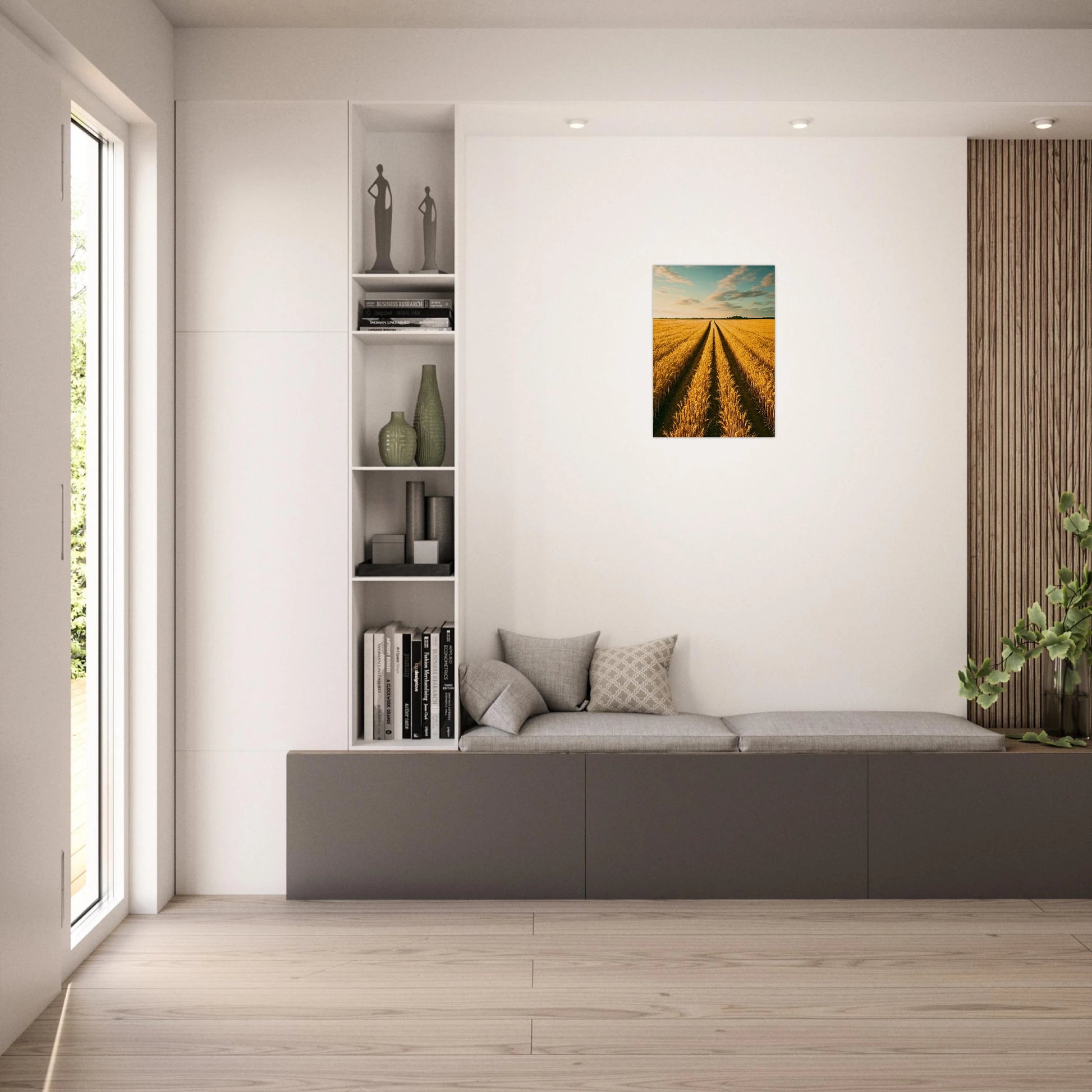 Gerahmtes Naturposter „Golden Horizon“ in modernem Interieur – goldene Felder als stilvolle Wanddekoration