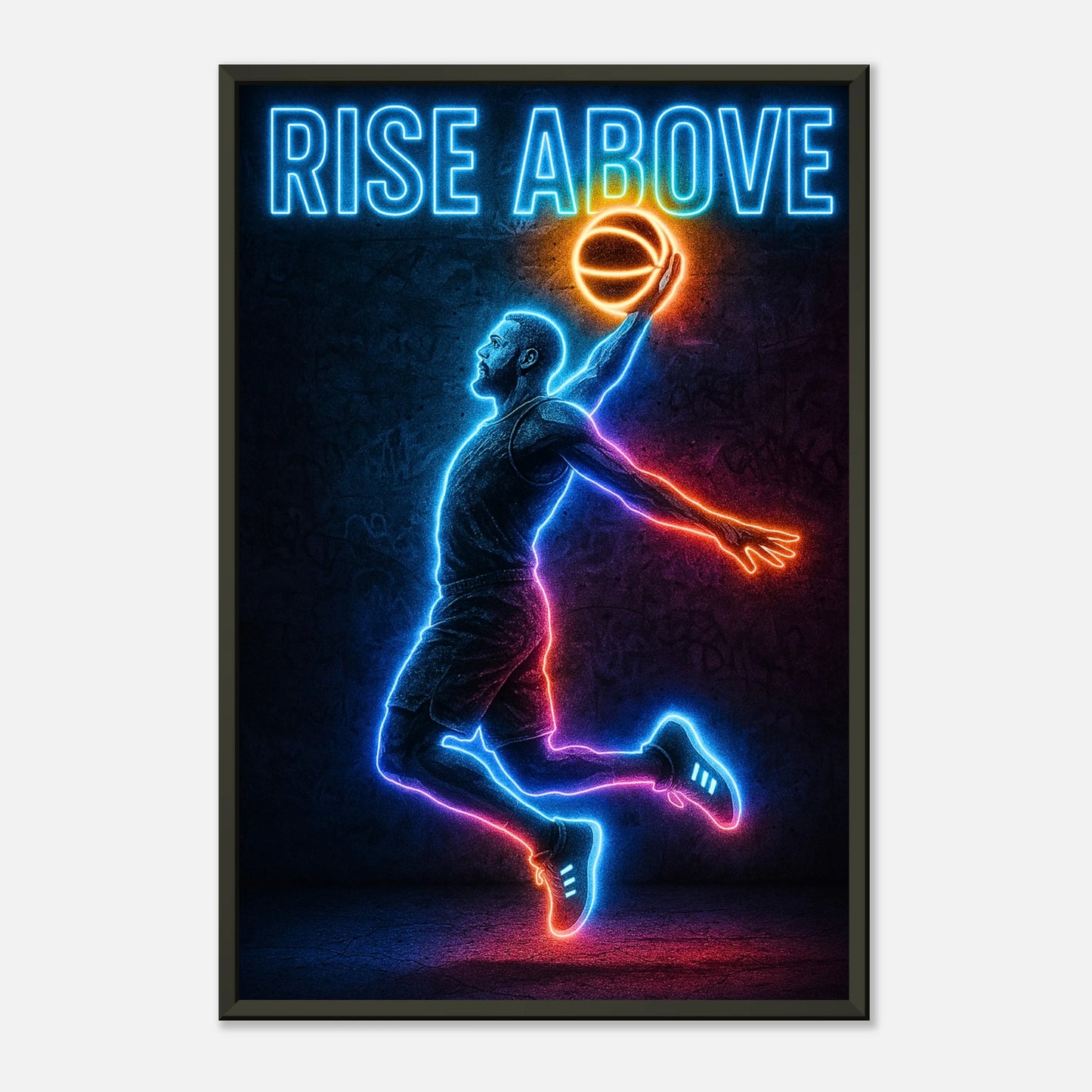 Neon Basketball Poster „Rise Above“ | Dynamisches Wandbild mit Spieler in Aktion im schwarzen Metallrahmen | Sport Deko von DEFA Designs
