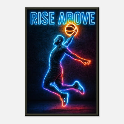 Neon Basketball Poster „Rise Above“ | Dynamisches Wandbild mit Spieler in Aktion im schwarzen Metallrahmen | Sport Deko von DEFA Designs