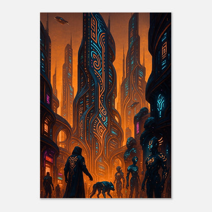 Neon Dystopia Poster – futuristische Cyberpunk Sci-Fi Wandkunst mit leuchtender Neon-Stadt und dystopischem Design.
