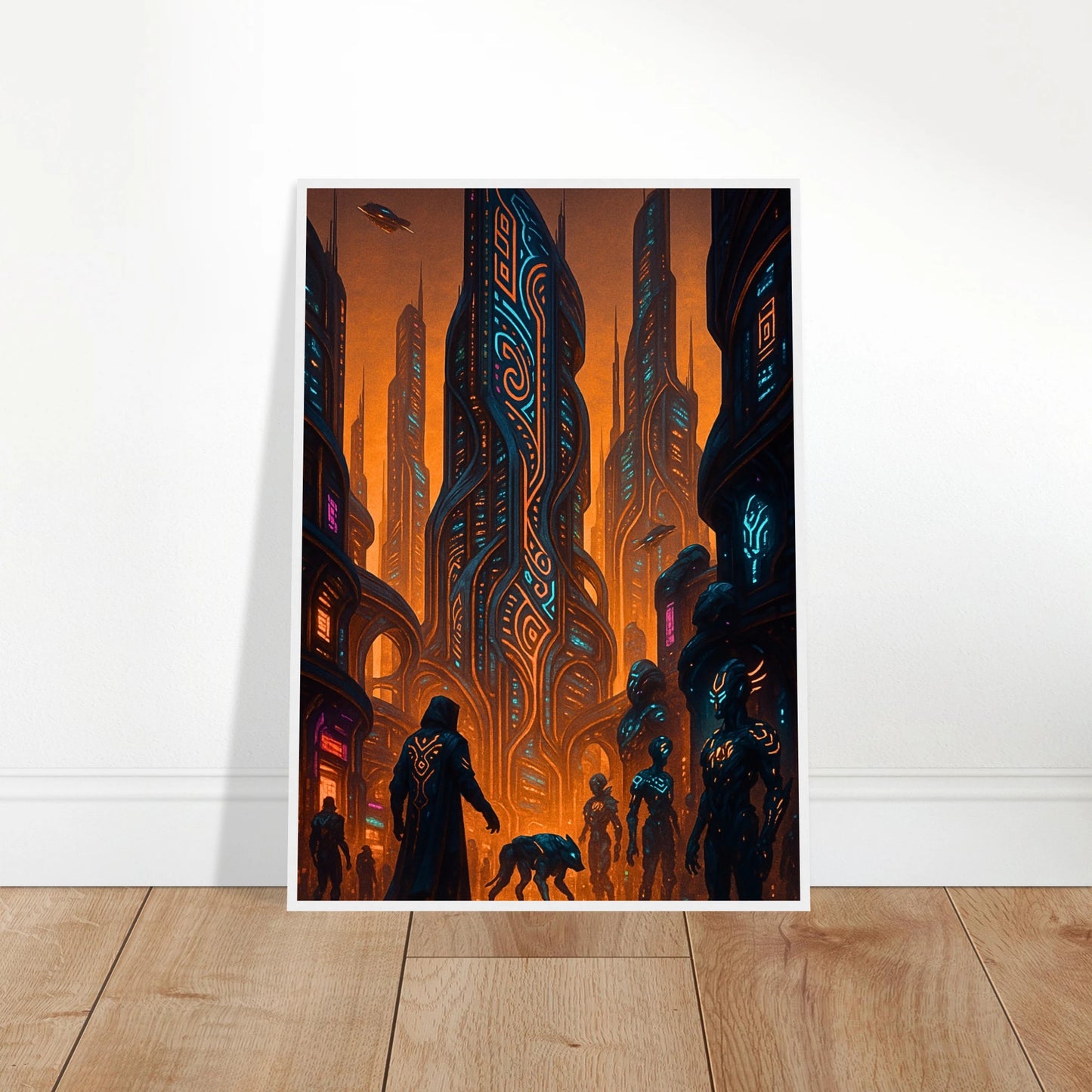 Neon Dystopia Poster an die Wand gelehnt – leuchtende Sci-Fi Stadt mit Neonlichtern und futuristischem Design, modernes Cyberpunk Kunstwerk.