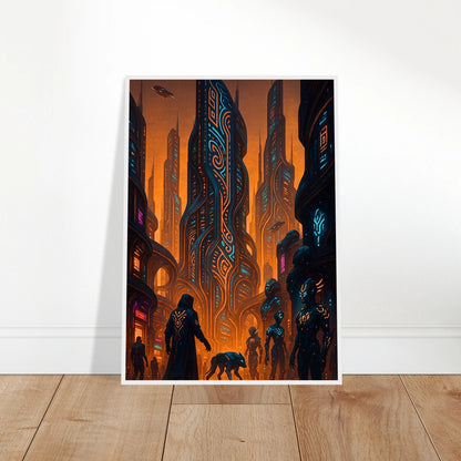 Neon Dystopia Poster an die Wand gelehnt – leuchtende Sci-Fi Stadt mit Neonlichtern und futuristischem Design, modernes Cyberpunk Kunstwerk.