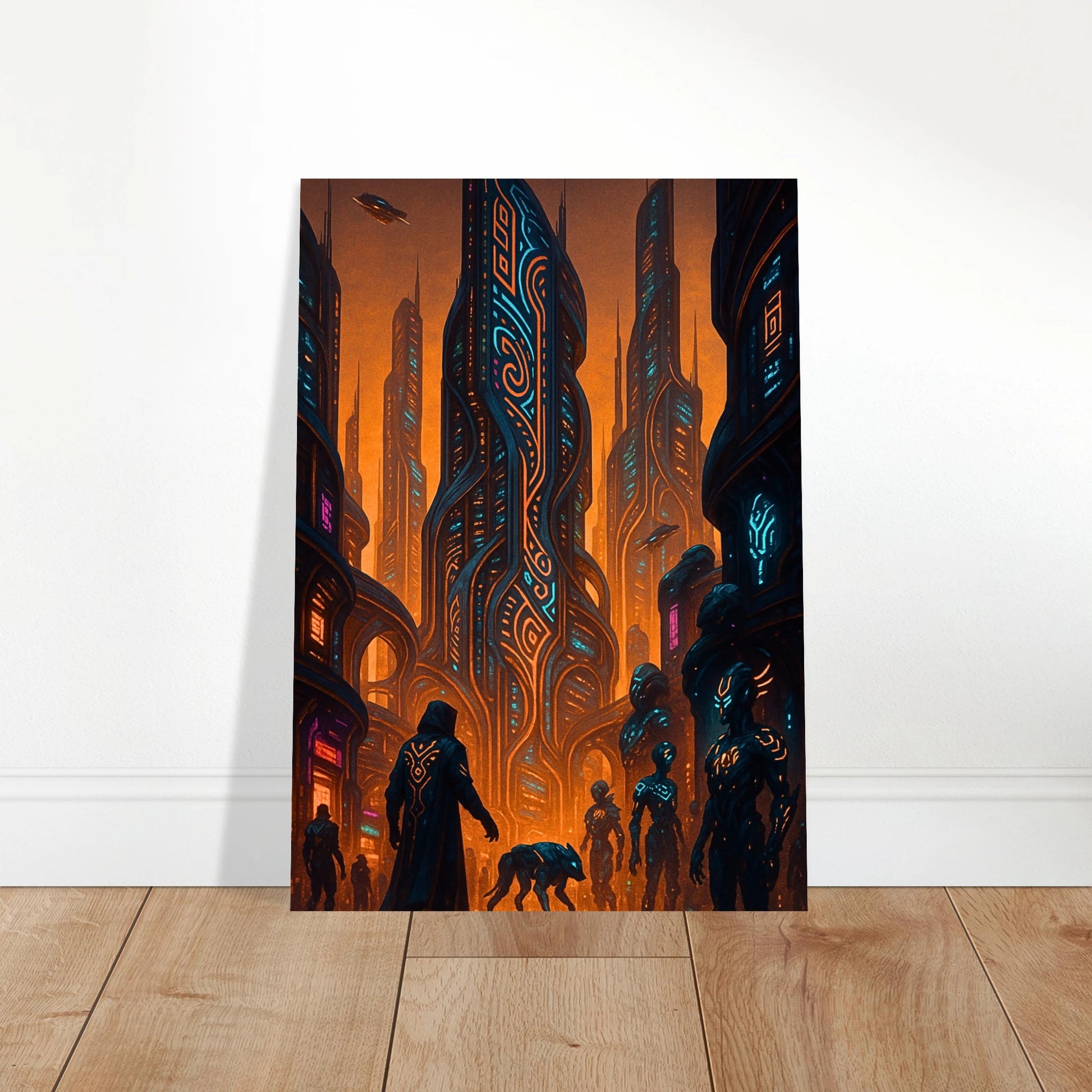 Neon Dystopia Poster – Cyberpunk Sci-Fi Kunstprint, an die Wand gelehnt, moderne futuristische Wandkunst.