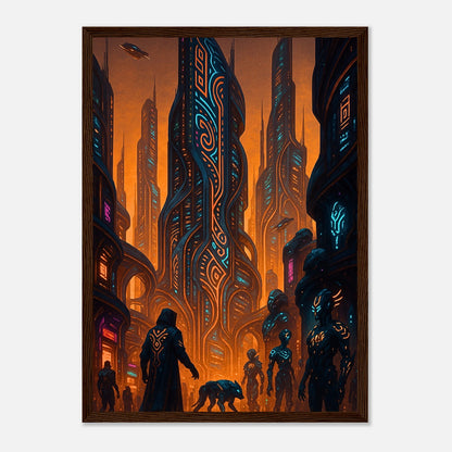 Neon Dystopia Poster im dunkelbraunen Holzrahmen – futuristische Architektur mit Neonlichtern und geheimnisvollen Figuren, exklusive Cyberpunk Dekoration.