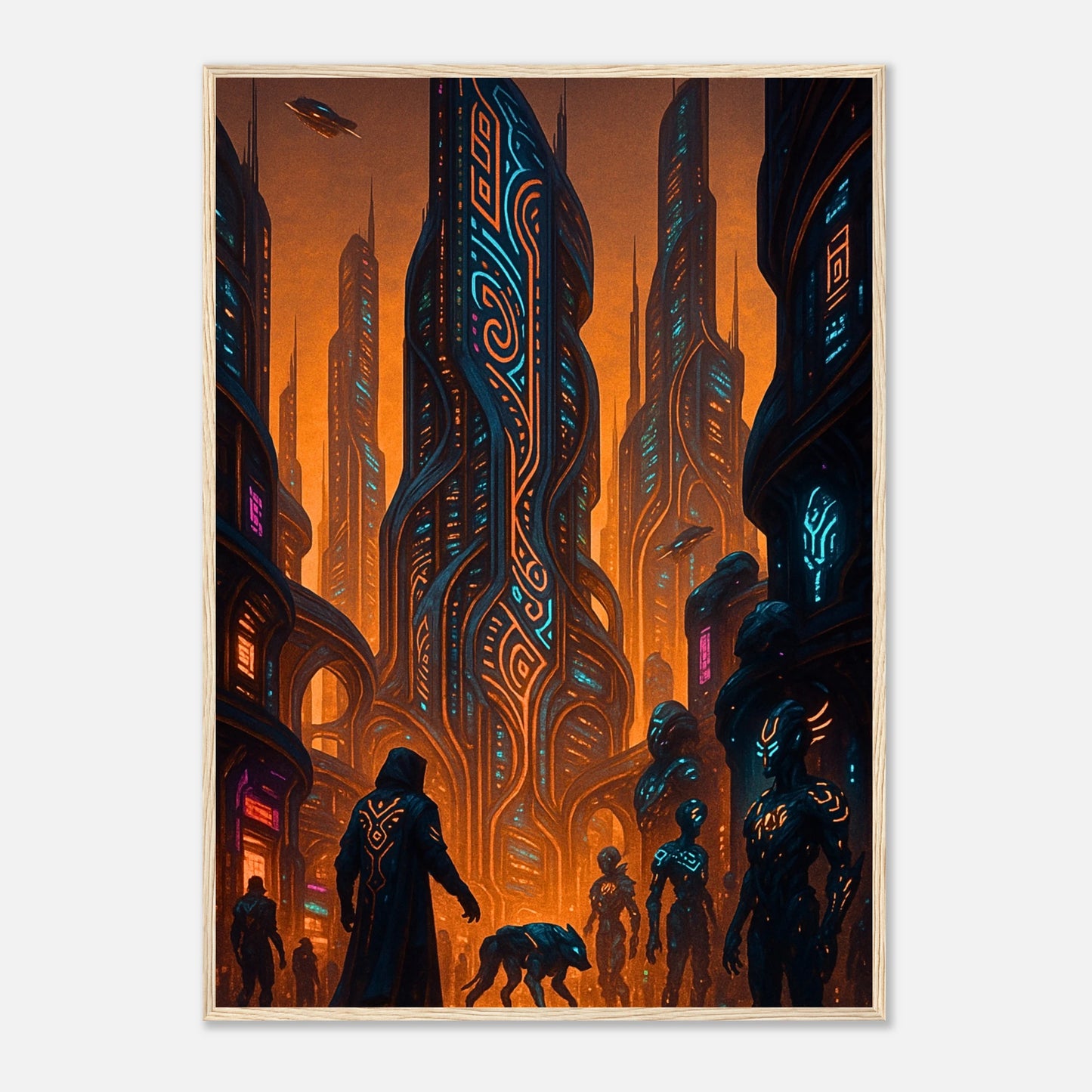 Neon Dystopia Poster im hellbraunen Holzrahmen – dystopische Stadtlandschaft mit leuchtenden Neonfarben, Sci-Fi Kunstwerk für moderne Wohnräume.
