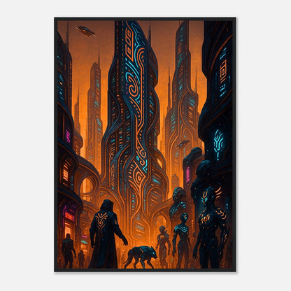 Neon Dystopia Poster im schwarzen Rahmen – leuchtende Sci-Fi Stadt mit Neonlichtern und futuristischen Türmen, dystopische Cyberpunk Wandkunst von Defa Designs.