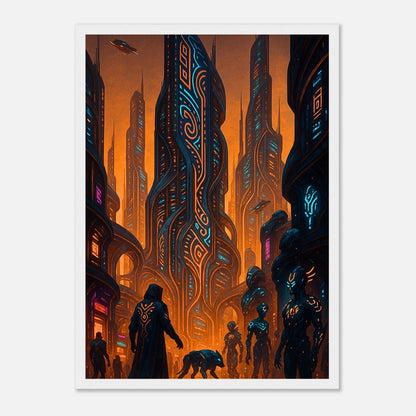 Neon Dystopia Poster im weißen Rahmen – farbintensive Neonstadt mit orange-blauen Lichtern und futuristischen Gebäuden, modernes Cyberpunk Wandbild.