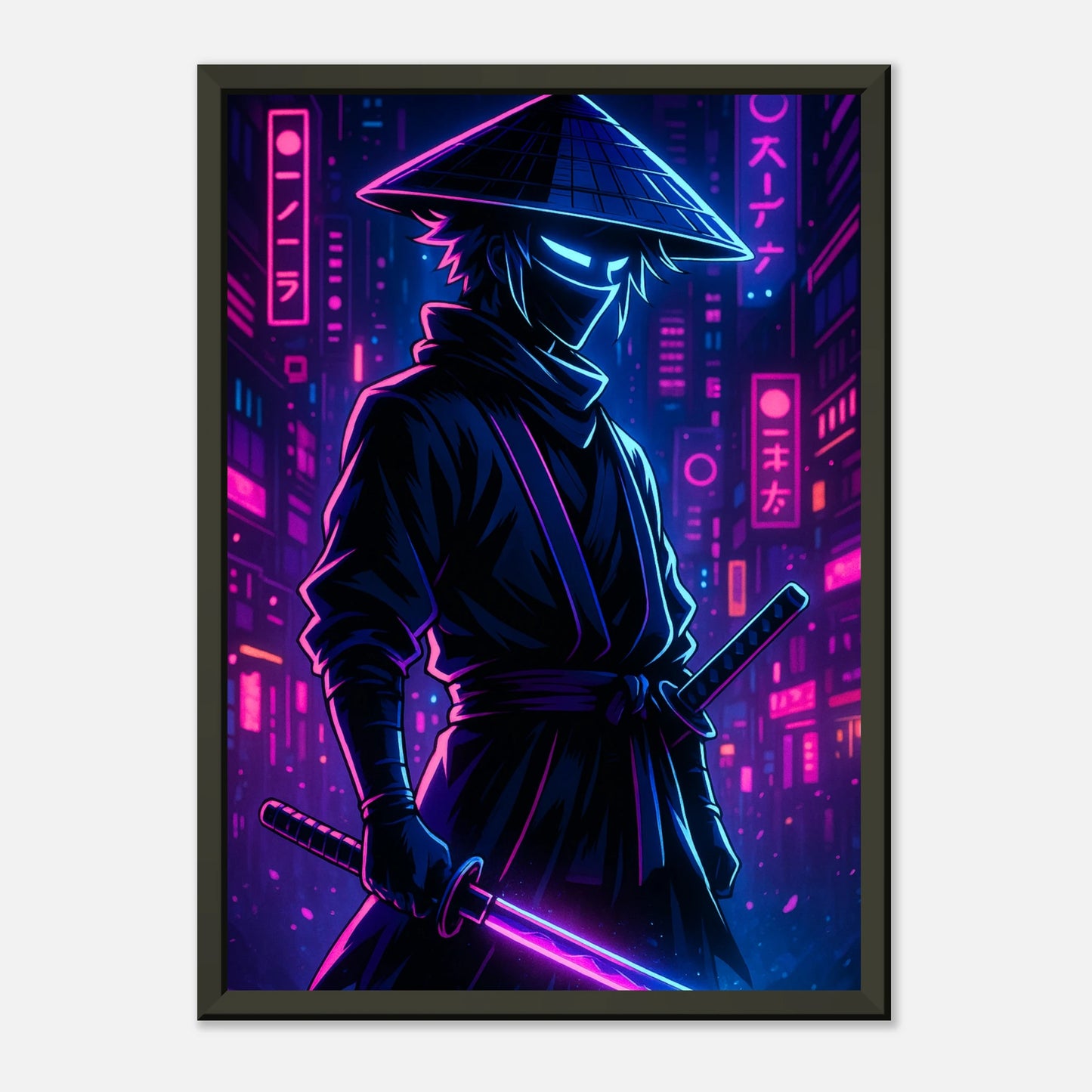 Detailaufnahme des Neon Ronin Cyber Samurai Posters im schwarzen Metallrahmen – Nahaufnahme der futuristischen Neonästhetik.