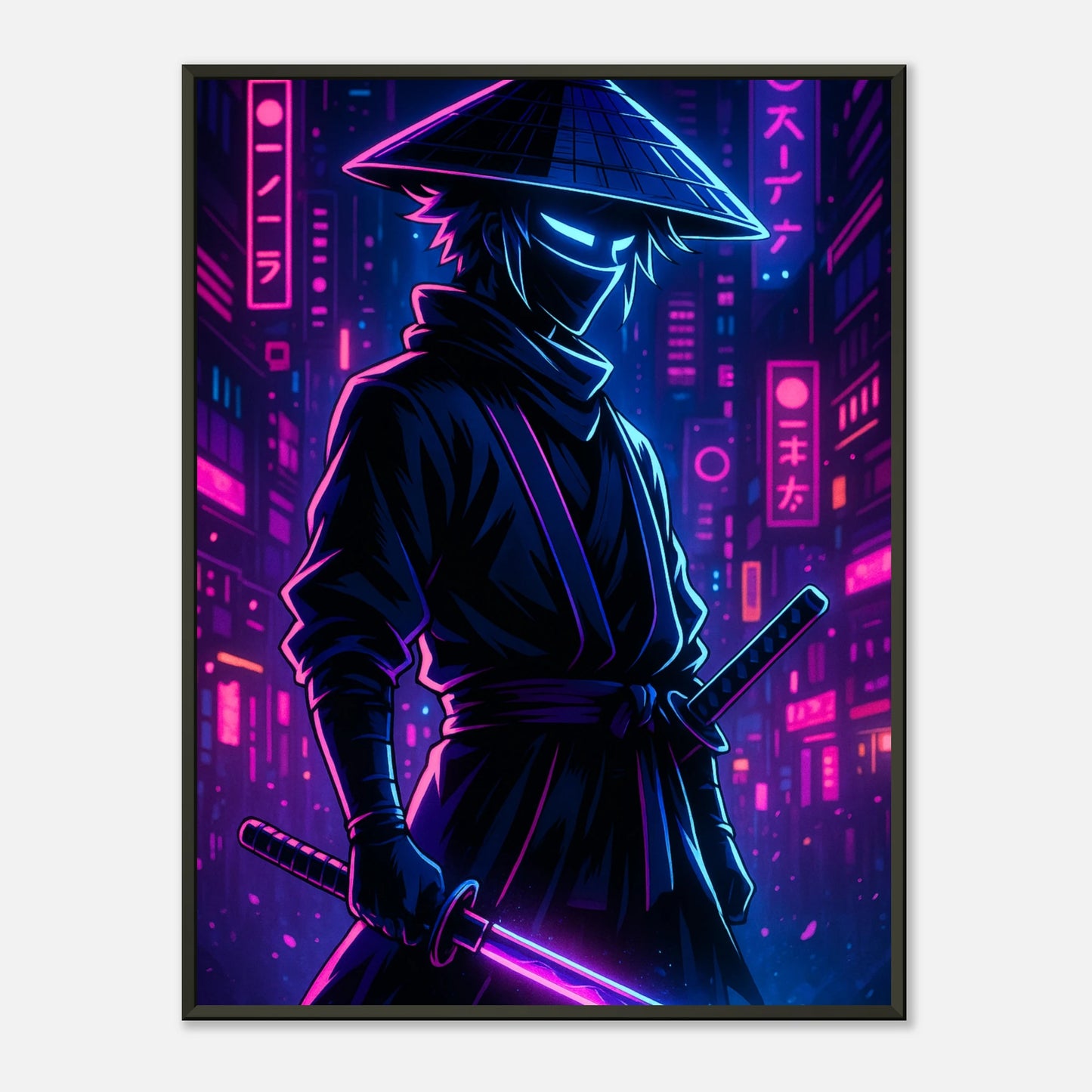 Neon Ronin Cyber Samurai Poster mit schwarzem Metallrahmen – futuristische Anime Wandkunst in leuchtenden Neonfarben, frontal dargestellt.