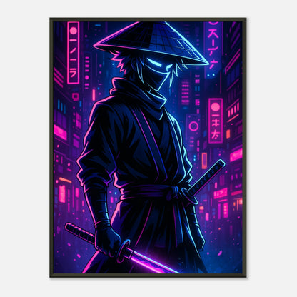 Neon Ronin Cyber Samurai Poster mit schwarzem Metallrahmen – futuristische Anime Wandkunst in leuchtenden Neonfarben, frontal dargestellt.