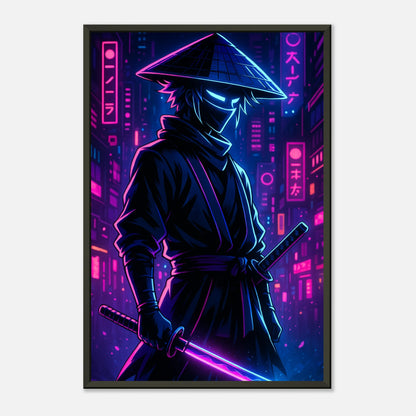 Neon Ronin Cyber Samurai Poster in schwarzem Metallrahmen – vollständige Frontansicht mit intensiven Sci-Fi Neonfarben.