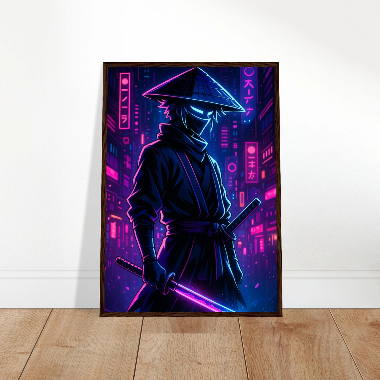NEON RONIN Poster an die Wand gelehnt – Cyber-Samurai in Neon-Licht, futuristische Anime-Kunst mit magischer Energie, Design von Defa Designs.