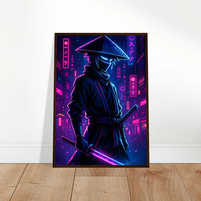NEON RONIN Poster an die Wand gelehnt – Cyber-Samurai in Neon-Licht, futuristische Anime-Kunst mit magischer Energie, Design von Defa Designs.