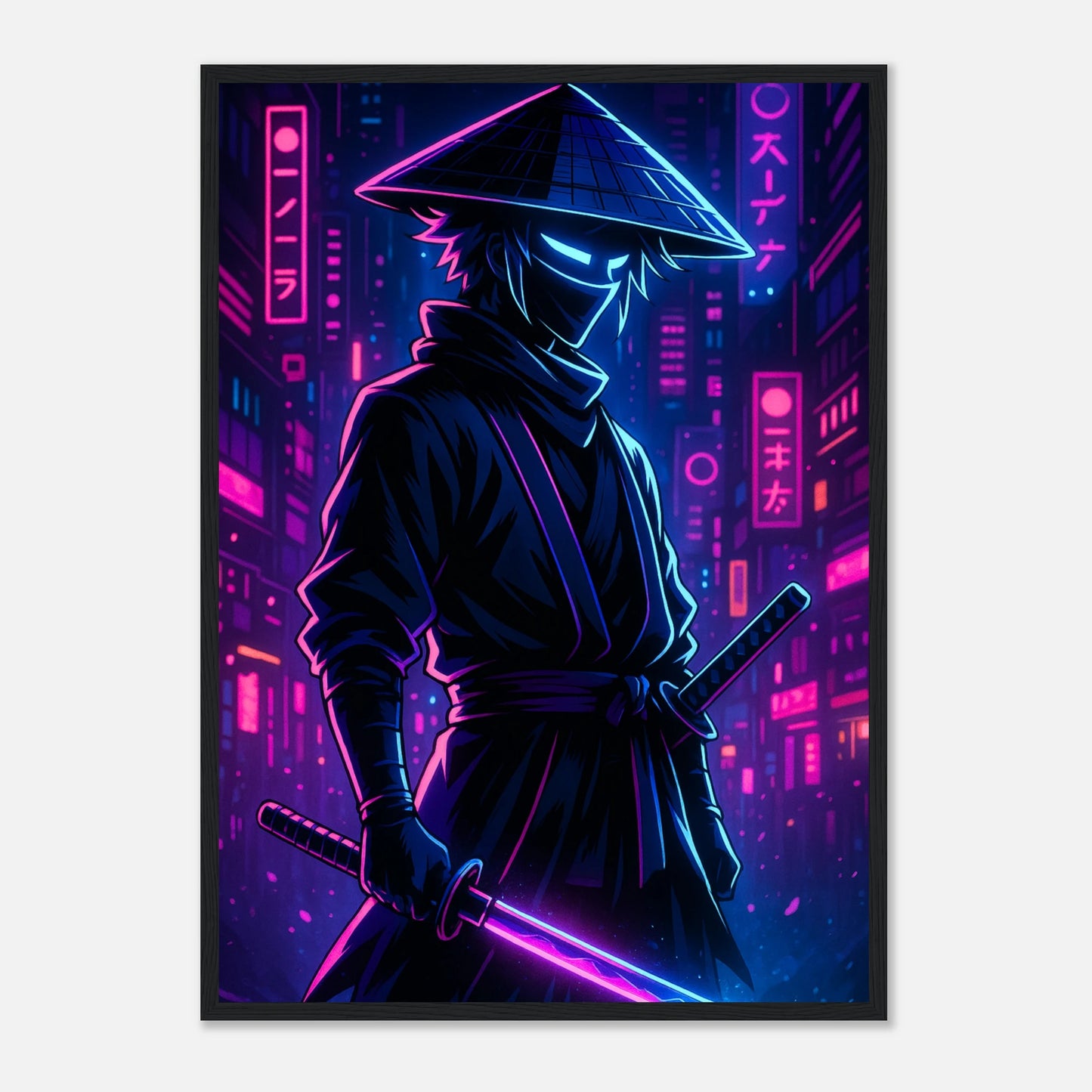 NEON RONIN Poster im schwarzen Rahmen – intensives Anime-Kunstwerk mit dunklem Samurai und violettem Neon-Glow, kraftvolle Wanddekoration von Defa Designs.
