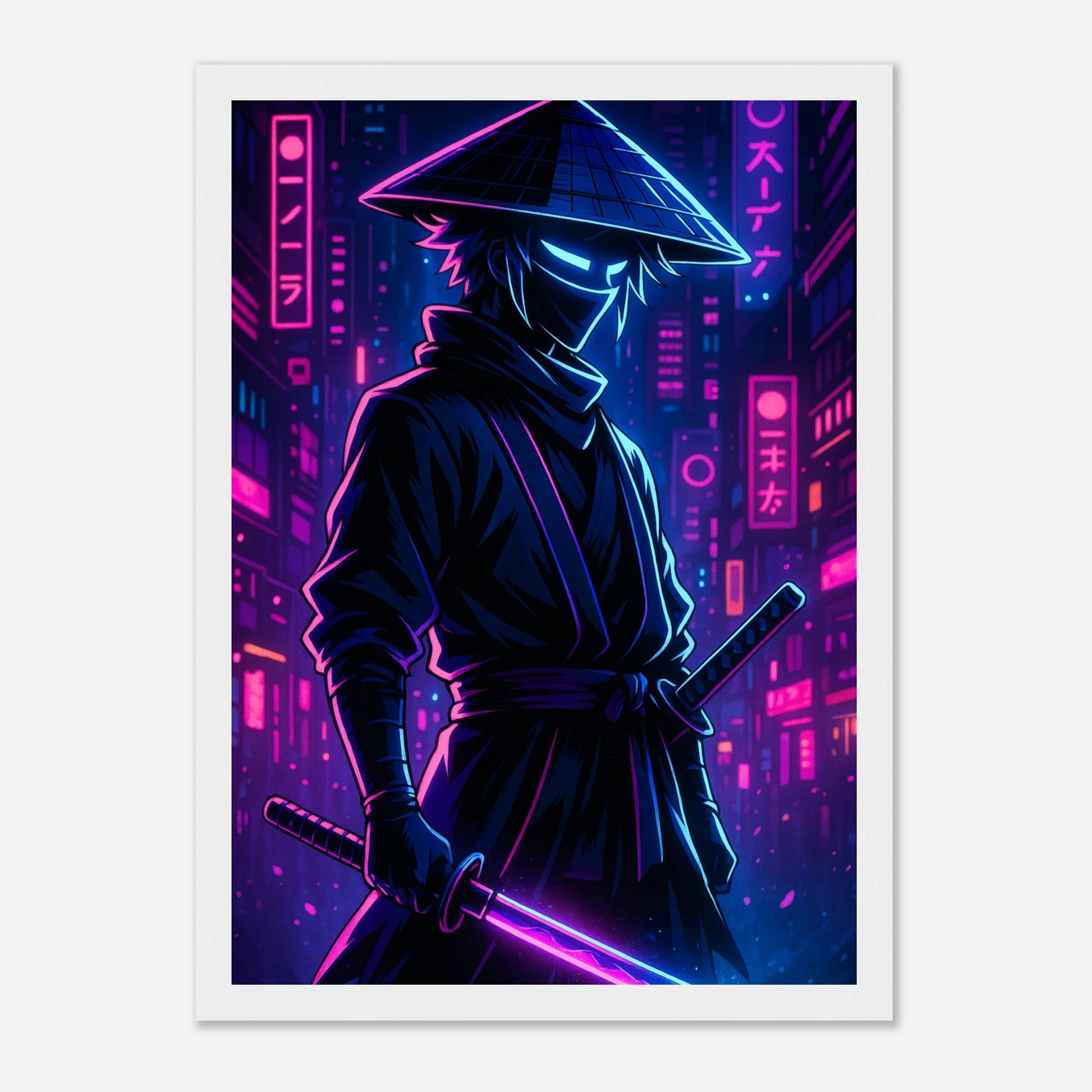 NEON RONIN Poster im weißen Rahmen – digitaler Samurai mit leuchtendem Neon-Schwert, futuristische Cyberpunk-Ästhetik, hochwertiger Druck von Defa Designs.