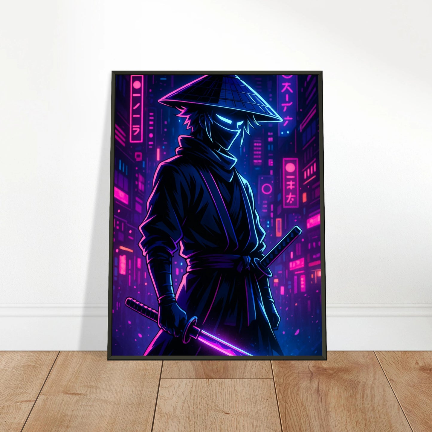 Neon Ronin Cyber Samurai Poster im schwarzen Metallrahmen an die Wand gelehnt auf Holzboden – moderne Anime Wanddeko.
