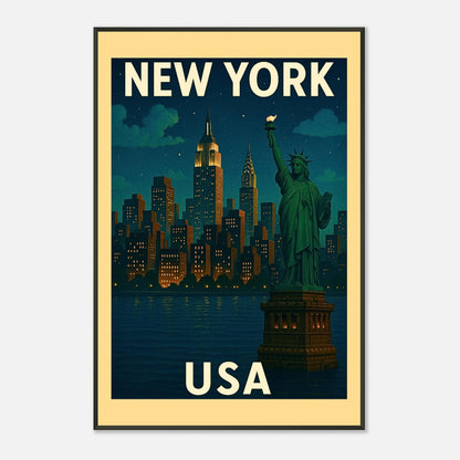New York USA wall art front view, retro travel poster featuring Statue of Liberty in black metal frame