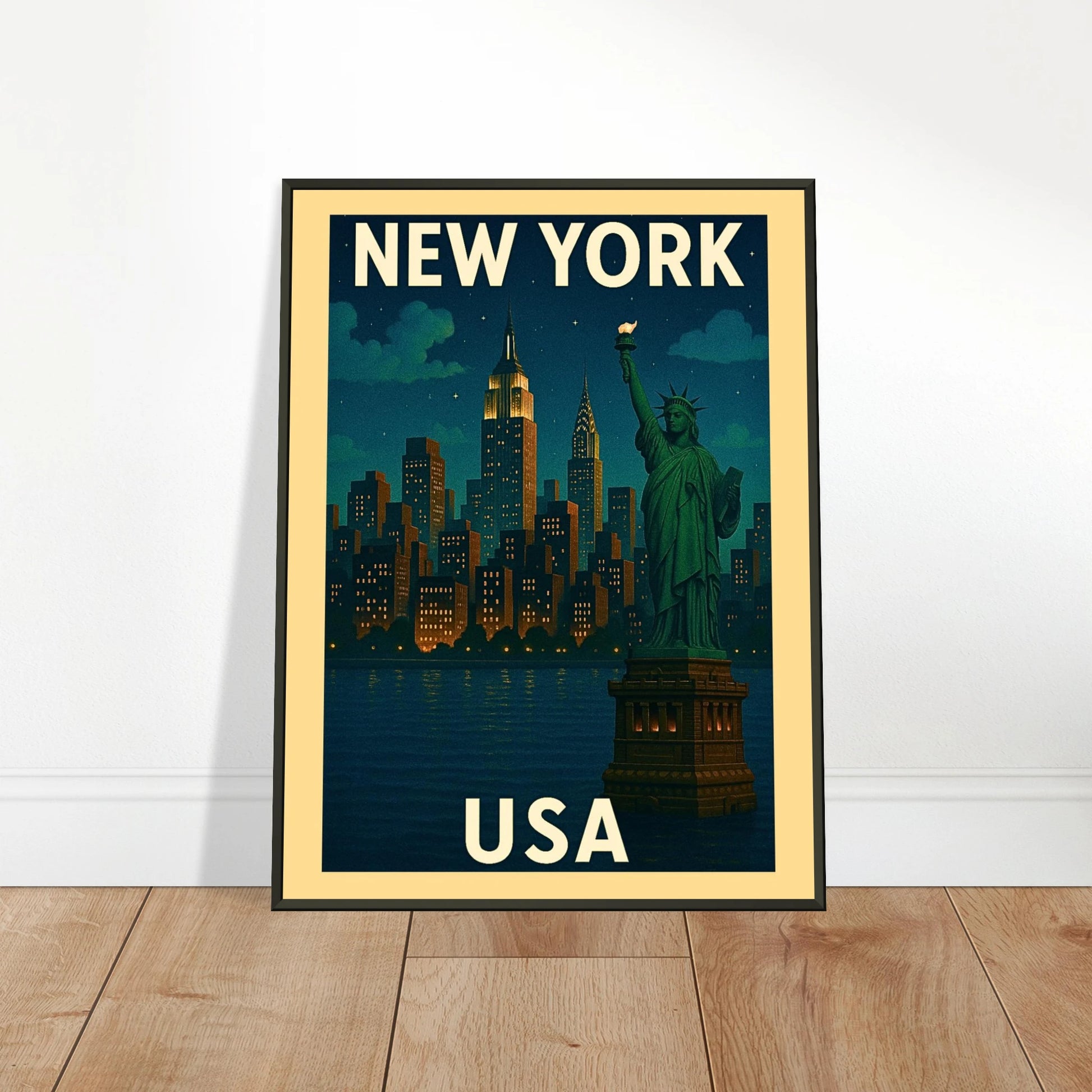 New York wall art in bright modern living space, vintage NYC city artwork in black metal frame