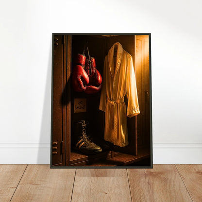 Boxposter „No Excuses“ an die Wand gelehnt | Motivationskunst für Sportler und Gewinner | Schwarzer Metallrahmen | DEFA Designs