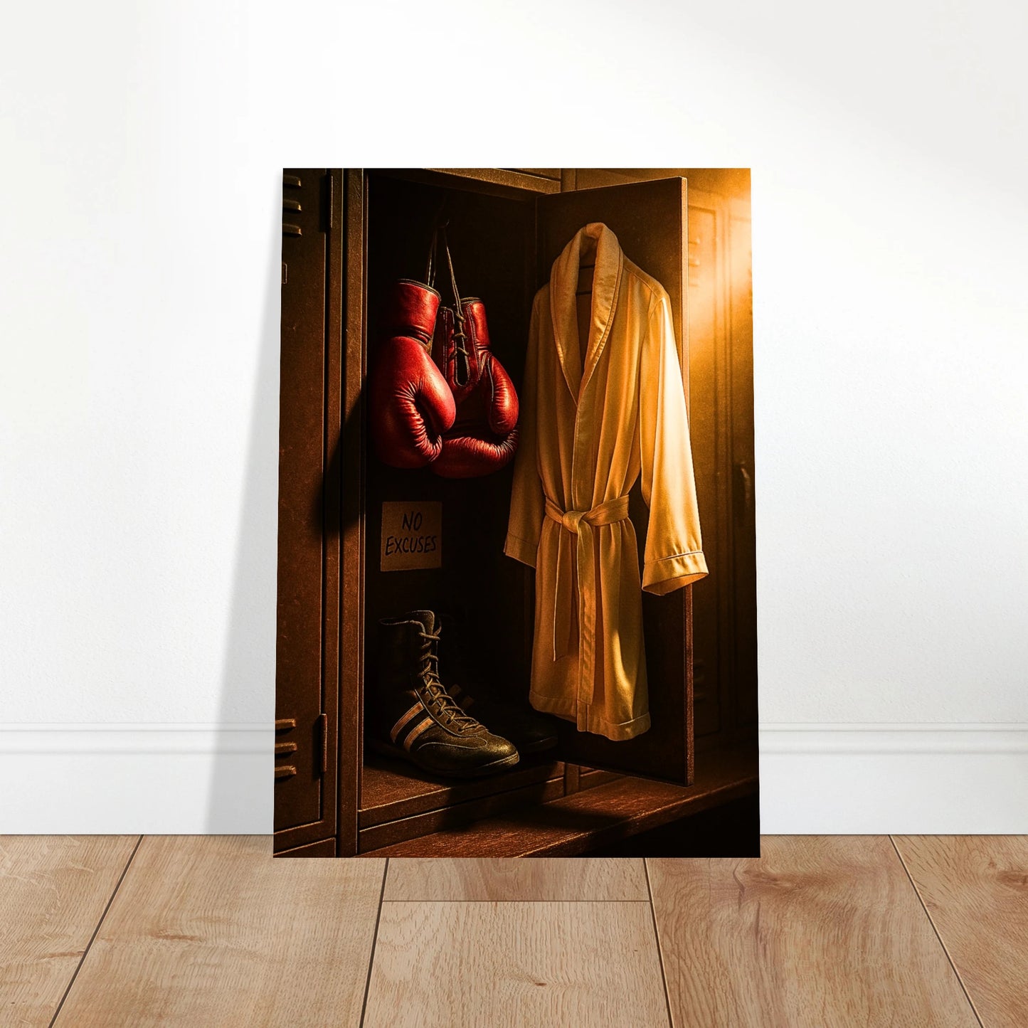 „No Excuses“ Poster auf Holzboden – hochwertiger Motivations-Kunstdruck für Sportfans