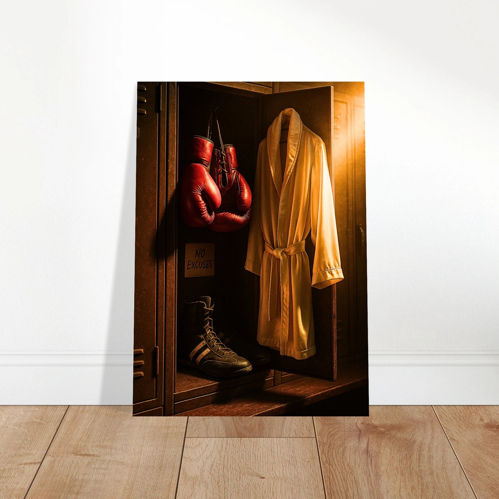 „No Excuses“ Poster auf Holzboden – hochwertiger Motivations-Kunstdruck für Sportfans