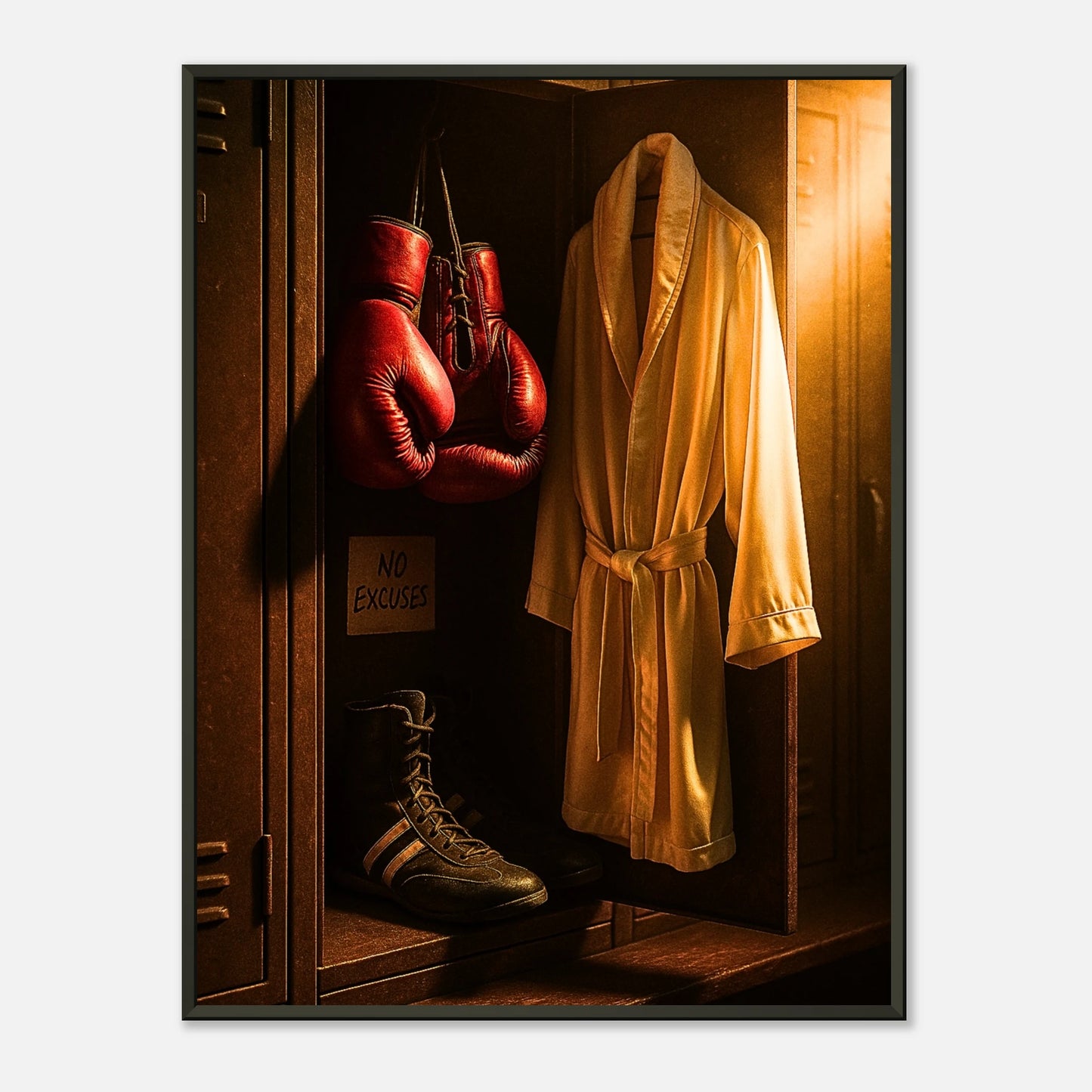 Motivationsposter „No Excuses“ mit Boxhandschuhen und goldener Jacke im schwarzen Metallrahmen | Kraftvolle Boxkunst von DEFA Designs