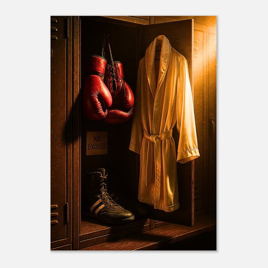 No Excuses Motivationsposter mit Boxhandschuhen und Bademantel – inspirierende Sportkunst für Boxer und Fitnessfans