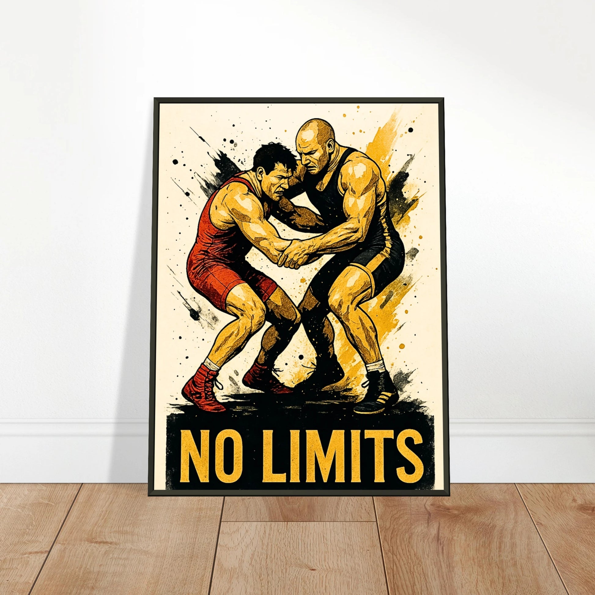 „No Limits“ Wrestling-Poster an die Wand gelehnt – sportliches Design mit inspirierender Energie | DEFA Designs