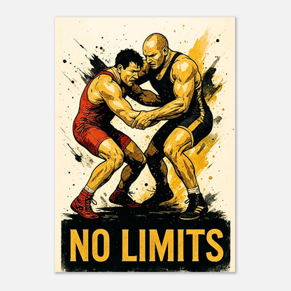 „No Limits Wrestling Poster – Sport Art Print als Wanddeko auf Holz präsentiert, starkes Fighting Artwork“