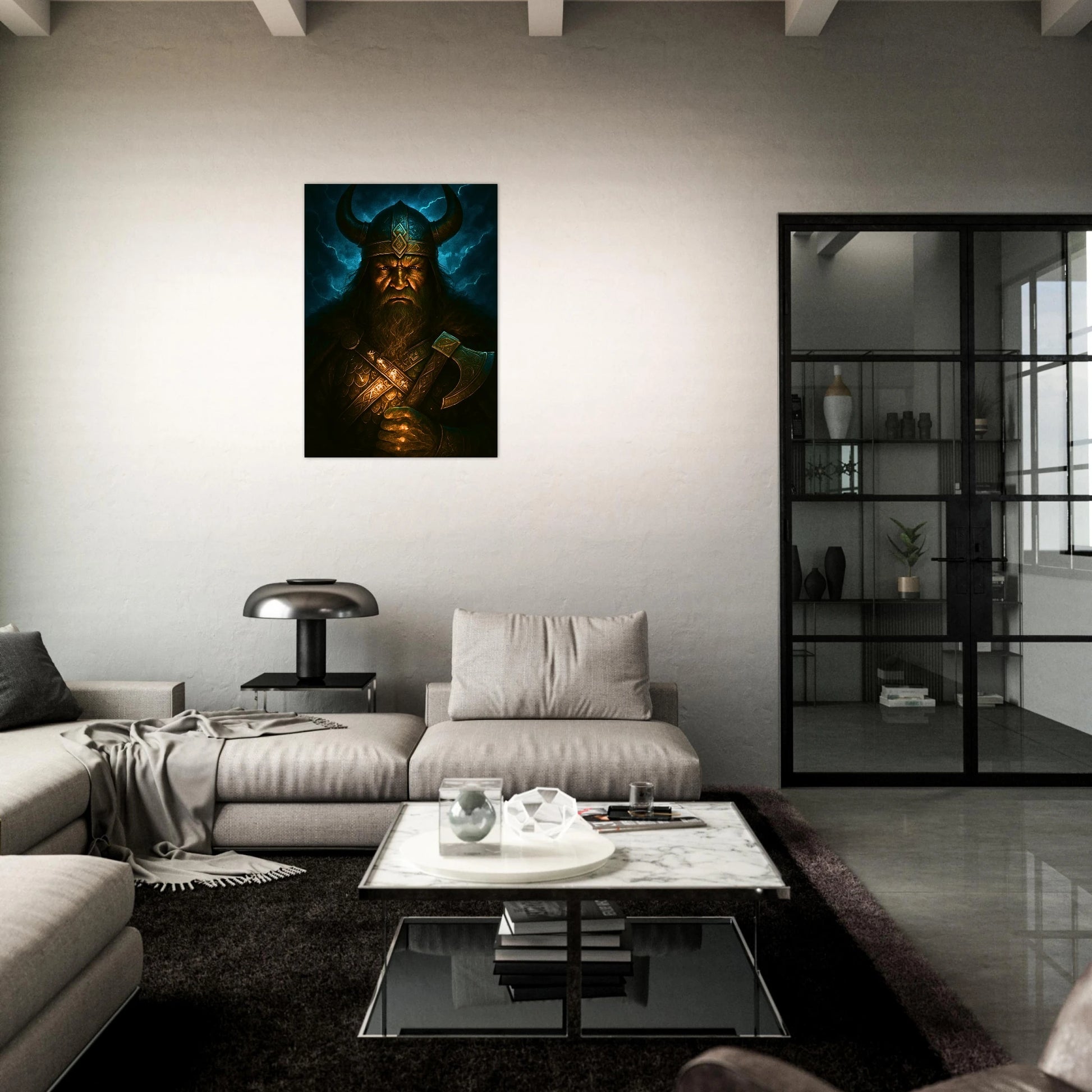 Norse Viking warrior fantasy art poster in stylish dark living room, dramatic wall decor