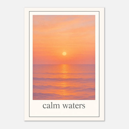 „Minimalist ocean sunset art print with warm colors and calm water – perfect for coastal style interiors“

