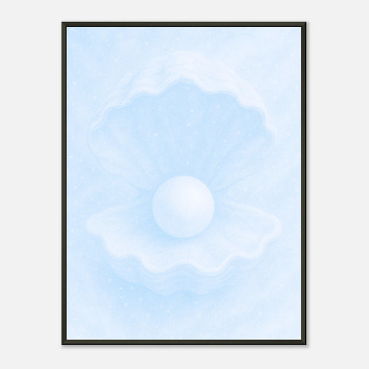 Ocean’s Secret Poster – zarte Perle in Muschelform, eingerahmt im schwarzen Metallrahmen, minimalistische Meereskunst | DEFA Designs