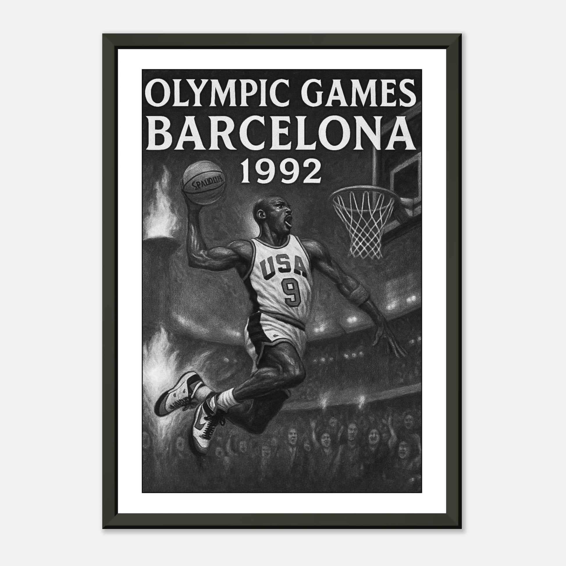 Olympic Games Barcelona 1992 Basketball Poster | Schwarzer Metallrahmen | Vintage Sports Art mit ikonischem Dream-Team-Motiv | DEFA Designs